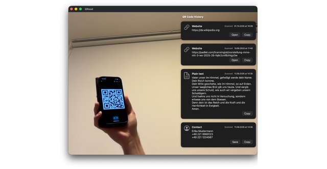 Screenshot of the QR Reader for Mac application showing the camera view and scan history