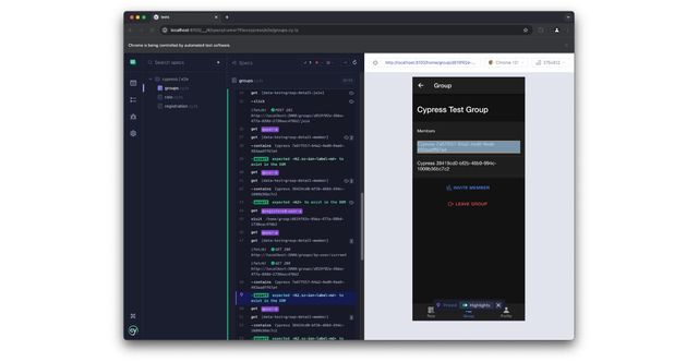 Screenshot of the Cypress interface while testing group management