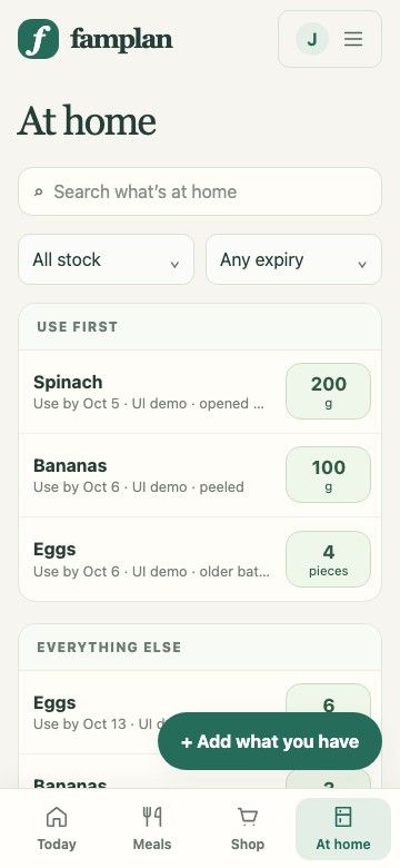 Household inventory with quantities and food grouped by expiration date