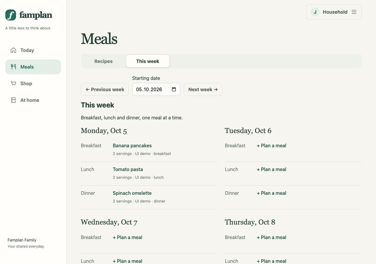 Famplan's weekly planner with breakfast, lunch, and dinner slots for each day