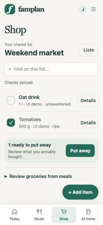 A shared shopping list with checked groceries ready to put away