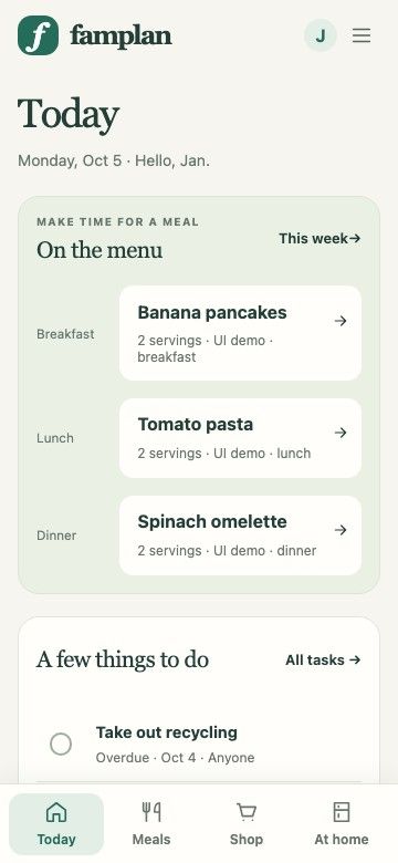 Today's planned meals and household tasks