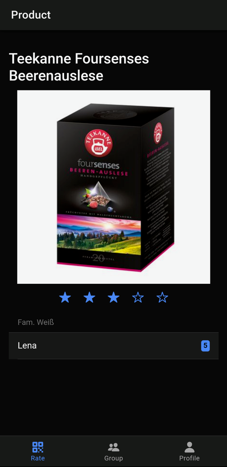 Screenshot of the product detail page with the user's own rating and that of a group member